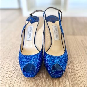Jimmy Choo blue glitter sling back heels